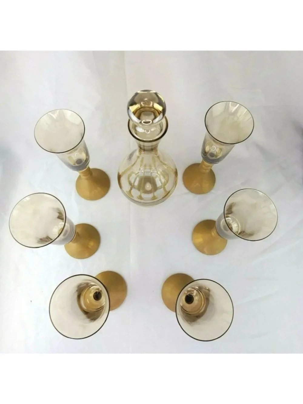 Late 20th Century Bombay Glass Decanter Set 6 Glasses Gold Frosted Stems Made in